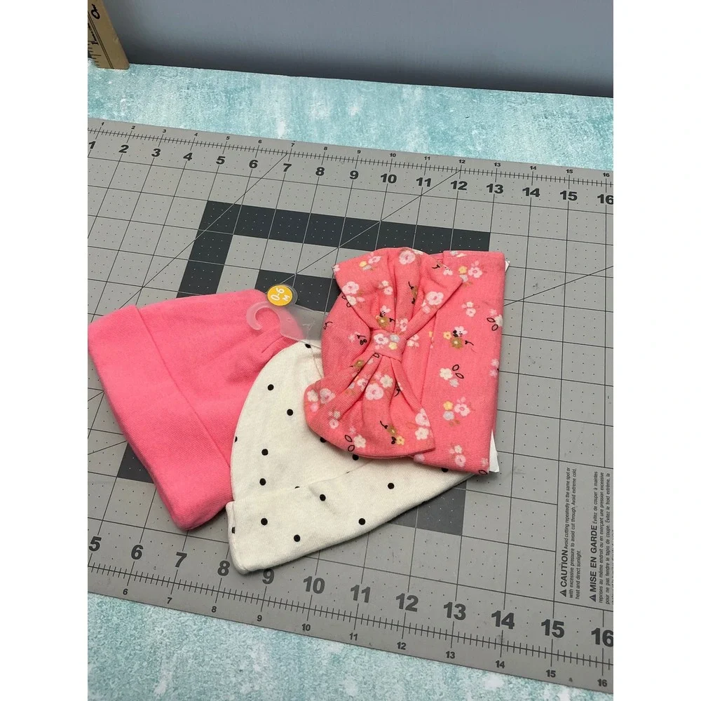 Baby Girl 0-6M Pink Floral Polka Dot Beanie Hat and‎ Bow Headband Set 3pc NEW